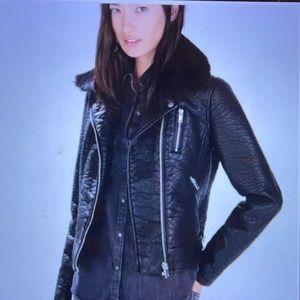 Zara Faux Pebble Leather Moto Jacket with Removable Fur Collar